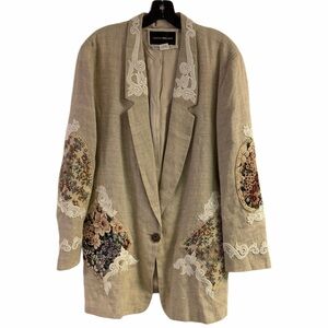Vintage Harris Wallace Linen Floral Embroidery Patchwork Appliqué Blazer Size L